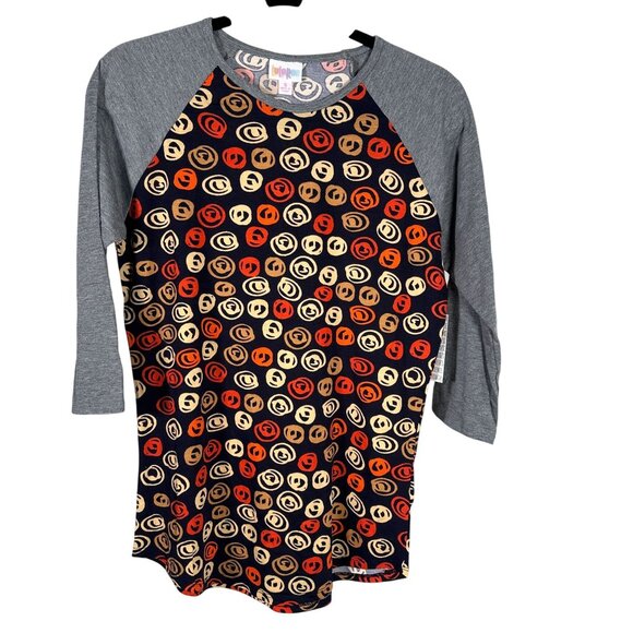 LuLaRoe RANDY Black Gran heathered Orange Tan Circles Raglan Tee Shirt SMALL S - Picture 1 of 7